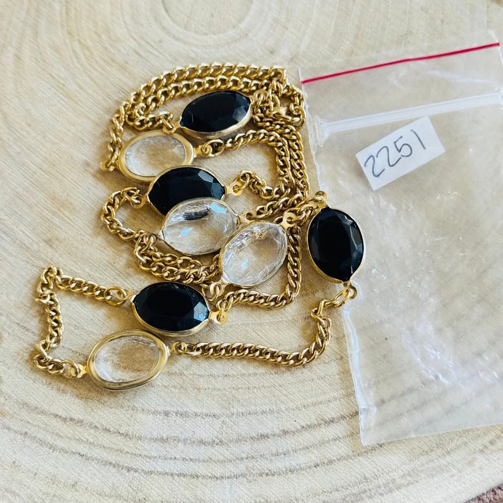 VTG elegant‎ gold link chain necklace black clear open bezel acrylic regal 30